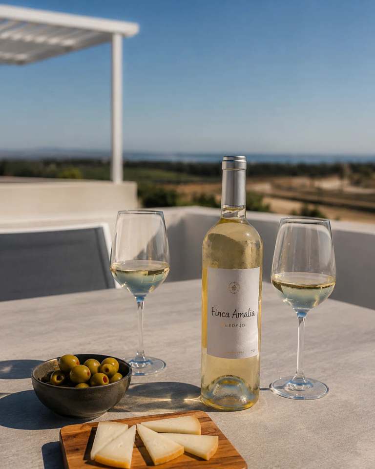 Fles witte wijn, twee glazen, olijven en kaas op een terras met weids uitzicht. Perfect voor ontspanning