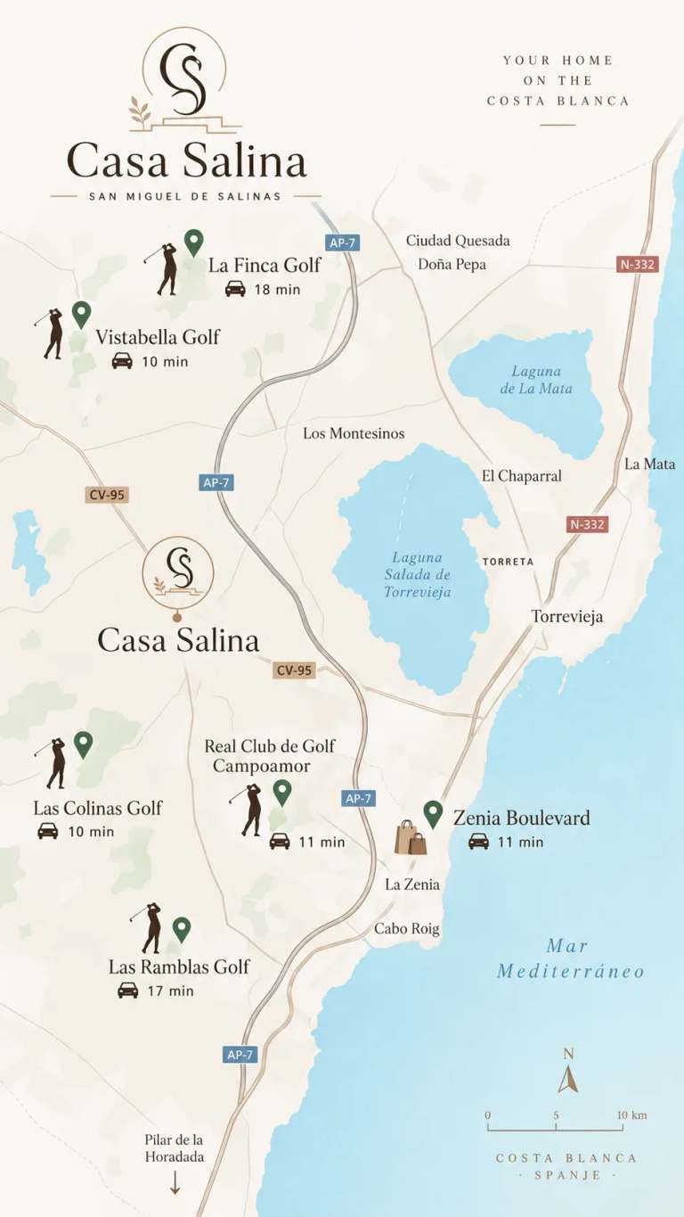 Locatiekaart Casa Salina aan de Costa Blanca, met golfbanen, stranden en bezienswaardigheden in de omgeving