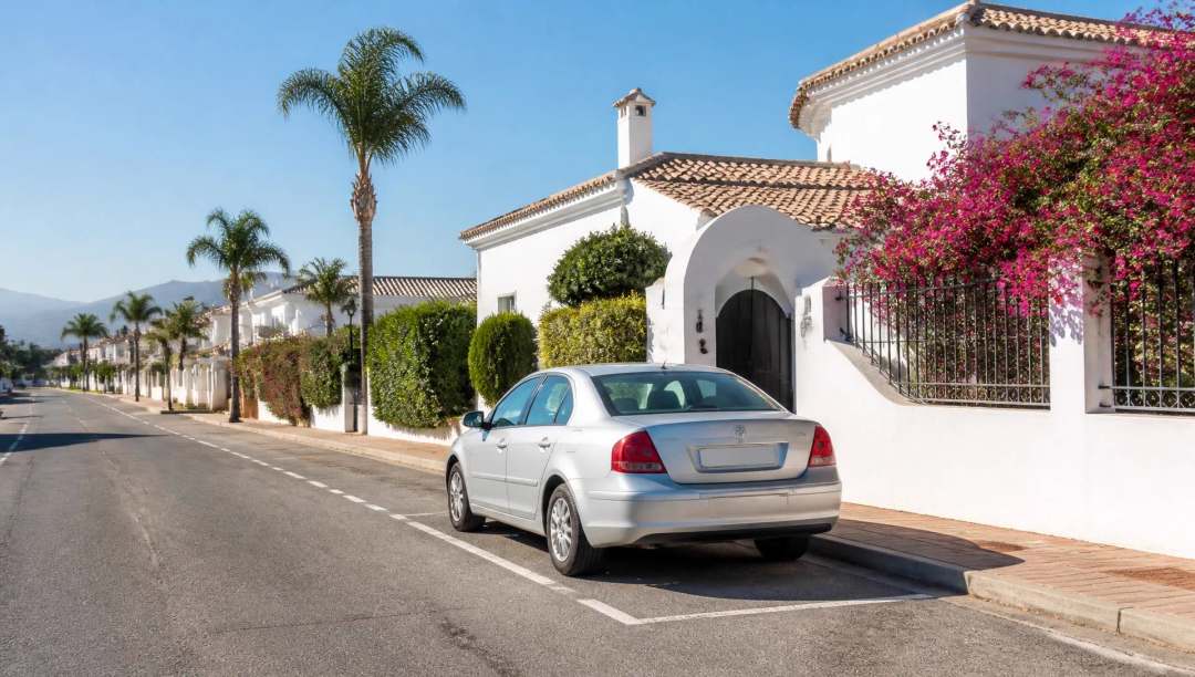 Rustige mediterrane woonstraat met geparkeerde auto langs witte woningen