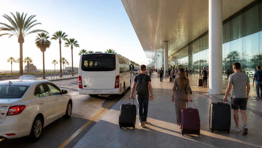 Aankomsthal buiten een Spaanse luchthaven met taxi, shuttlebus en palmen
