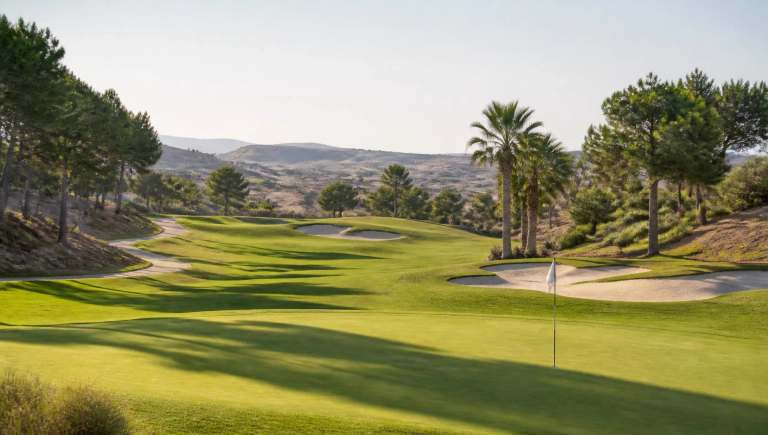 Sfeerbeeld van een golfbaan aan de Costa Blanca Zuid: fairway met bunkers, dennen en palmen