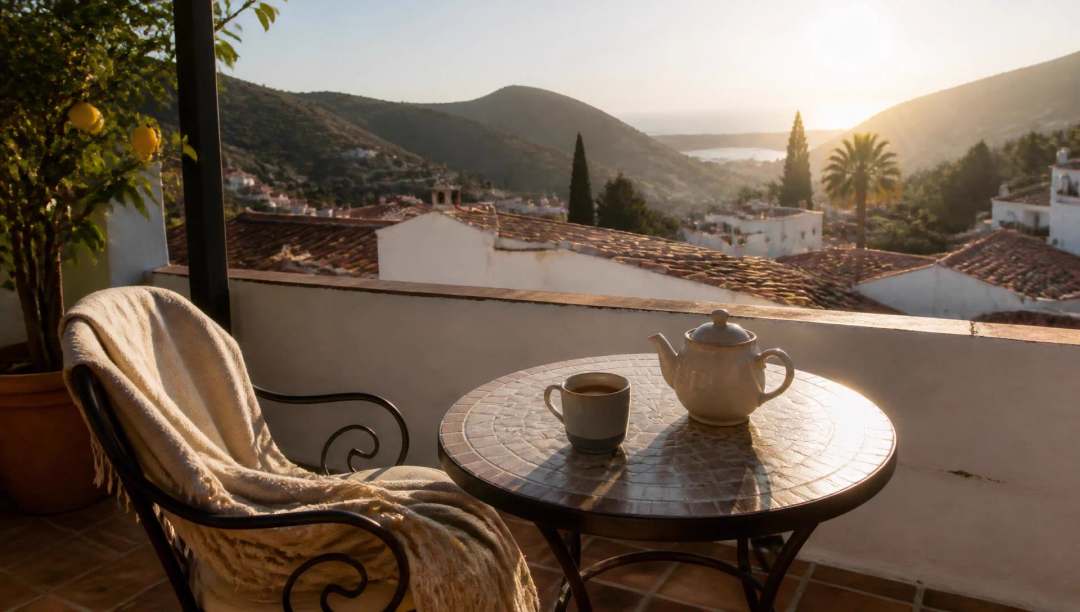 Zonnig winterterras met koffie en plaid en uitzicht over Spaanse daken