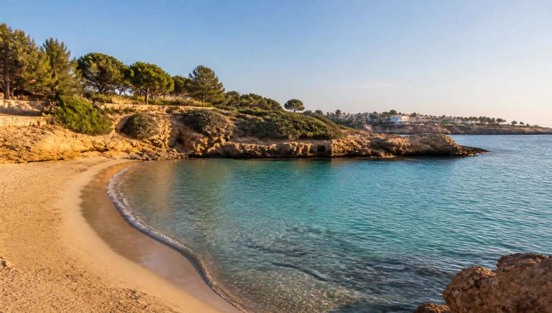 Rustige zandbaai met helder water en lage rotsen aan de Costa Blanca