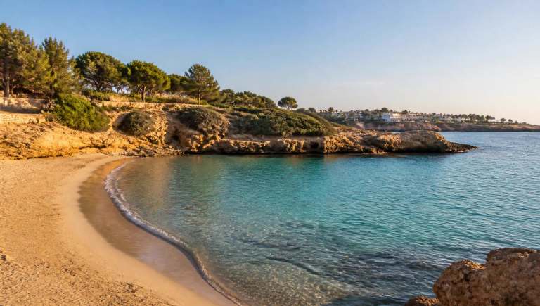 Sfeerbeeld van een rustige zandbaai met helder water aan de Costa Blanca Zuid